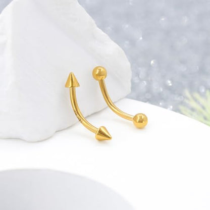 2 Pcs 14k Gold Filled Eyebrow Rings, 16G Threaded Rook Piercing Jewelry, Surgical Steel Vertical Lip Labret Belly Tongue Ring Daith Earring Curved Barbells - color: 10mm-2pcs Cone Top