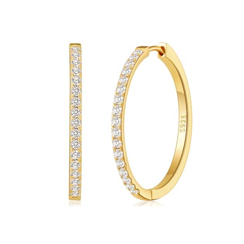RANKEEF Gold/Silver Hoops Earrings For Women Hypoallergenic | S925 Silver Hoop Earings Lightweight Gold Hoops Gold Rhinestone Earring With Cubic Zirconia 20/30/40mm - color: Gold-30mm