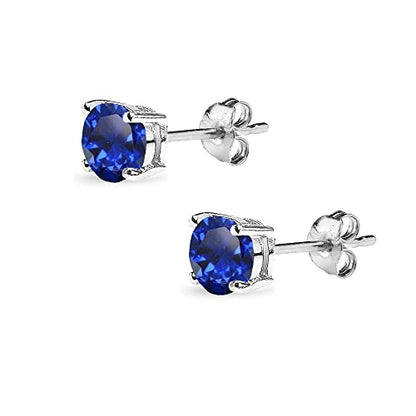 Sapphire Earrings for Women Sterling Silver Trendy Round-Cut Created Blue Gemstone Solitaire Studs for Men Bridesmaids Prom Gift - color: 5mm - Sterling Silver