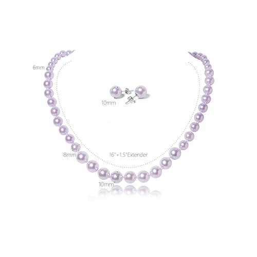 Pearl Necklace and Earring Set for Women Costume Jewelry Set | Elegant Outfit Matching, Wedding Bridesmaid Prom Gifts - style: Purple 16 inches