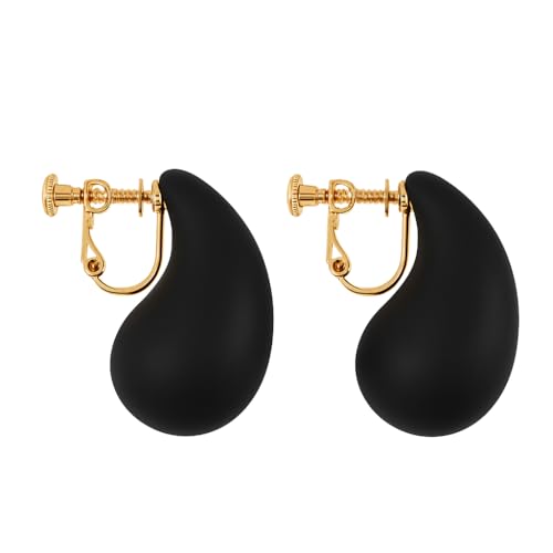 14K Gold Clip On Earrings Women,Teardrop Chunky Detachable Hoop Clip-On Earrings for Non Pierced Ears Hypoallergenic Lightweight Earring Clips - color: Black