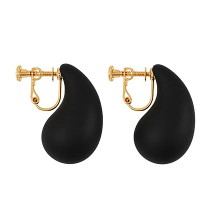 14K Gold Clip On Earrings Women,Teardrop Chunky Detachable Hoop Clip-On Earrings for Non Pierced Ears Hypoallergenic Lightweight Earring Clips - color: Black