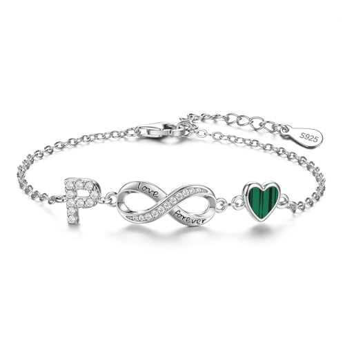 925 Sterling Silver Adjustable Letter Bracelets Infinity Heart Emerald Charm Link Bracelet ，Personalized Charm Alphabet Jewelry Valentines Christmas Mother’s Day Birthday Gifts - color: P