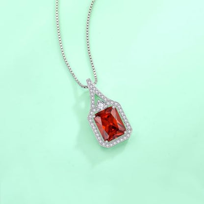 Created Gemstone Necklace 925 Sterling Silver Halo Rectangular Pendant Birthstone Necklaces Jewelry Gifts for Women - color: 01 January - Garnet
