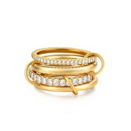 14K Gold Plated Interlocked Stackable Rings for Women Non Tarnish,Gold and Silver Cubic Zirconia Statement Rings Set,Mixed Metals Ring Two-Toned Connected Bands Stacking Jewelry - color: 4pcs rings-gold