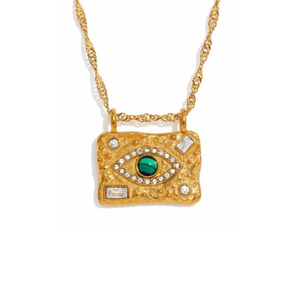 Evil Eye Necklace For Women - 18K Gold Plated Stainless Steel Celestial Moon North Star Eye CZ Gemstone Pendant - Waterproof - Anti-tarnish - Protection Jewelry Gift - style: Rectangle Evil Eye