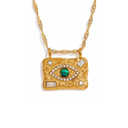 Evil Eye Necklace For Women - 18K Gold Plated Stainless Steel Celestial Moon North Star Eye CZ Gemstone Pendant - Waterproof - Anti-tarnish - Protection Jewelry Gift - style: Rectangle Evil Eye