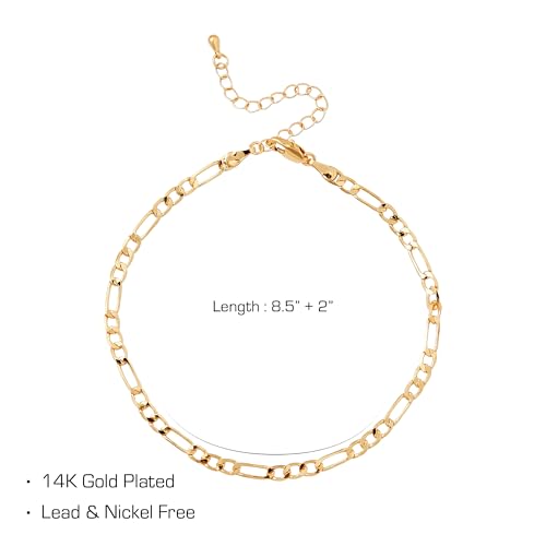 Red by Kiss 14K Gold Plated Glam Fashion Anklet, Hypoallergenic Cuff Link, Adjustable Strap, Lead & Nickel Free for Sensitive Skin - color: Figaro 4MM