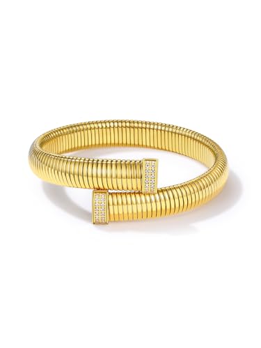KeyStyle Bangle Bracelets For Women, Stainless Steel Stretch Bracelet Wide | 14K Gold/Rose Gold/Black/Silver Plated Flexible Wide Twisted Link Chain Wristband Jewelry, 10Mm, 16Mm, 20Mm - color: 10mm - CZ - Gold
