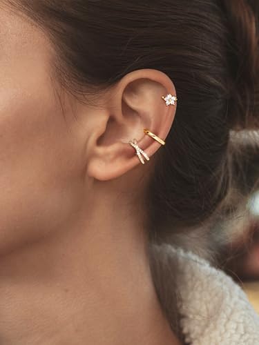 14K Gold Plated Ear Cuff Earrings for Women, Dainty Ear Cuffs Clip on Earrings Non Piercing Trendy Cubic Zirconia Cartilage Hoop Earring Fashion Jewelry Sets for Women - color: 3PCS/5 Flower