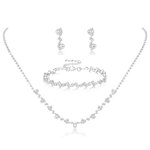 Jstyle Silver Bridal Wedding Jewelry Set Crystal Necklace Bracelet Dangle Earrings Set for Bride Bridesmaid Rhinestone Necklace Prom Costume Jewelry Set Accessories for Women