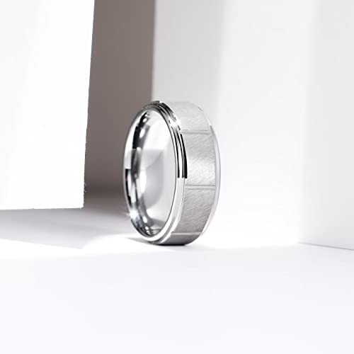 King Will Classic Mens 、Tungsten Carbide Rings Brick Pattern Groove Center | Silver/Black/Gold/Rose Gold, 8mm, Grooved, Comfort Fit, Brick pattern, Everyday Wear - color: F-Silver-Groove Center