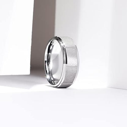 King Will Classic Mens 、Tungsten Carbide Rings Brick Pattern Groove Center | Silver/Black/Gold/Rose Gold, 8mm, Grooved, Comfort Fit, Brick pattern, Everyday Wear - color: F-Silver-Groove Center