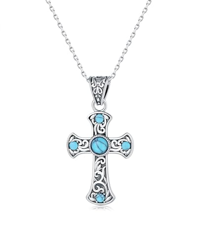925-Sterling-Silver Turquoise Dragonfly/Hummingbird/Compass/Anchor/Butterfly/Cross/Lotus Necklaces Vintage Boho Pendant Jewelry Victorian Christmas Birthday Gifts for Women - style: Cross Turquoise Necklace