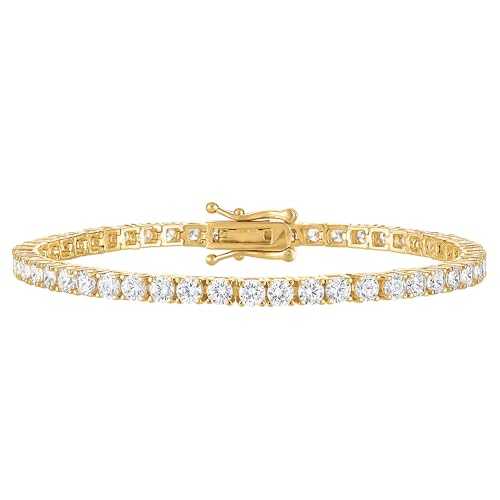 KISPER Tennis Bracelets for Women Gold Plated Round Cut CZ | 5A cubic zirconia simulated diamonds, 3mm & 4mm, 6.5-7.5 inches, box clasp, tarnish resistant, waterproof - color: Yellow Gold