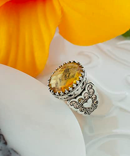 Filigranist 925 Sterling Silver Handcrafted Filigre Art Double Heart Detailed Women Cocktail Ring with Gemstones - color: Citrine