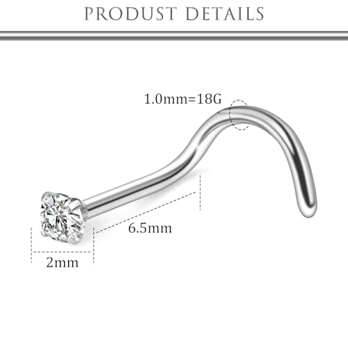 Hoeudjo Nose Studs Surgical Steel Cubic Zirconia Nose Rings Kit for Women Men Tiny Nose Stud Bone & Screw & L Shaped Nostril Piercing Jewelry 24/22/20/18 Gauge 10 Pieces - color: silver-tone,screw nose studs, size: 18g/2mm clear CZ