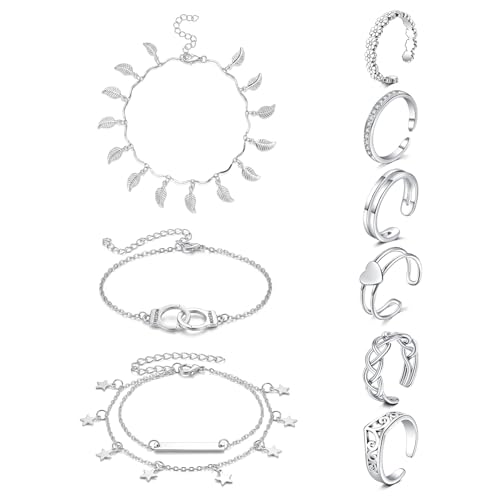 JFORYOU Toe Rings for Women Adjustable Open Toe Rings with Anklet Set CZ Flower Toes Ring for Summer Beach Foot Jewelry - color: Toe Rings and Anklet C -silver