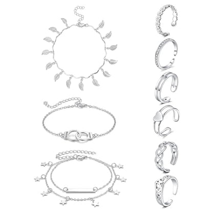 JFORYOU Toe Rings for Women Adjustable Open Toe Rings with Anklet Set CZ Flower Toes Ring for Summer Beach Foot Jewelry - color: Toe Rings and Anklet C -silver