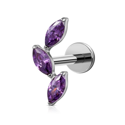 FINE4U 16G CZ Cluster Climber Cartilage Earring for Helix, Tragus - ASTM F136 Titanium Triple Marquise Labret Stud, Screw on Nickel Free Flat Back Jewelry - color: Triple Marquise - Amethyst CZ - Tit