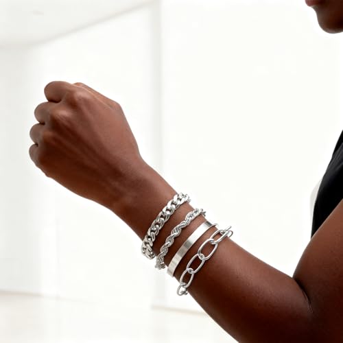 Gold Bracelets for Women, 5 Pcs Non-Tarnish Gold Plated Stackable Bangles with Beaded, Knot, Twisted, Cuff & Chain Designs, Everyday Jewelry Gifts - color: Silver-4pcs