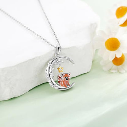 YAFEINI Moon Animal Necklace S925 Sterling Silver Owl/Fox/Red Panda/Possum/Snake/Dachshund Pendant Necklace Animal Jewelry Gifts for Women Mom Wife - style: RED PANDA