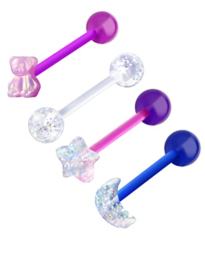 COCHARM 4PCS Acrylic Tongue Rings Flexible 14g Plastic Tongue Rings for Women UV Pink Bear Moon Tongue Barbell Star Tongue Ring Set Bio-Flex Tongue Piercing Jewelry