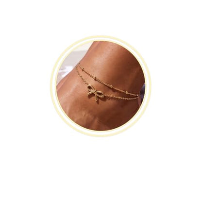 Quietsun Trendy 2 Layers Anklet Bracelets for Women-Waterproof-Adjustable-for General/Big Anklets-Gold/Silver - color: Gold-Plus