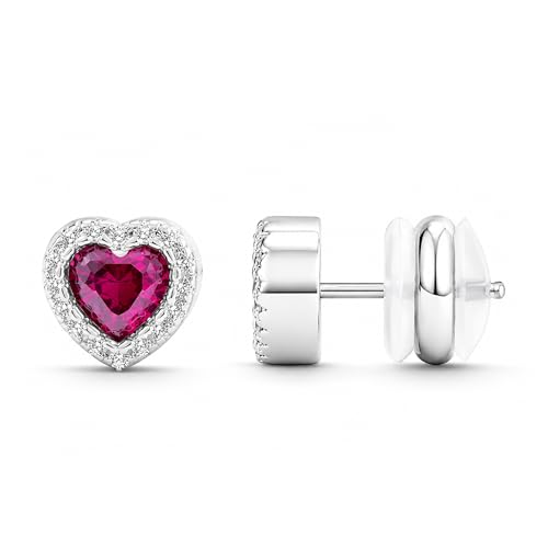 CoBi Halo Stud Earrings for Women, Cubic Zirconia Earrings, Birthstone Heart Earrings Simulated Diamond Valentine's Day - color: Red