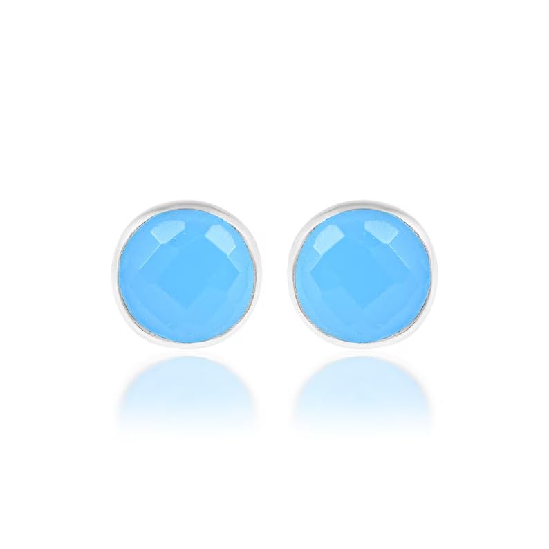 5 MM Natural Gemstone 925 Sterling Silver Hypoallergenic Studs Earrings Jewelry for Women Dainty Trendy Antiqued Silver Birthstone Earrings Jewelry Gifts for Women and Her - color: Aqua Chalcedony