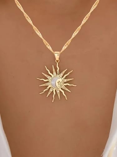 Gold Sun Pendant Necklace with Rhinestone Accent, Elegant and Fashionable, Perfect for Daily Wear & Special Occasions - color: Gold/Water Wave Chain