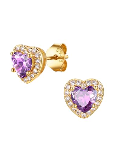 FindChic Birthstone Earrings for Women, Round/Heart/Square/Teardrop Earrings with 925 Sterling Silver Posts & Push Backs, Hypoallergenic Studs with Cubic Zirconia, 12 Months Jewelry with Gift Box - style: 06. June-Alexandrite (Heart-Gold)