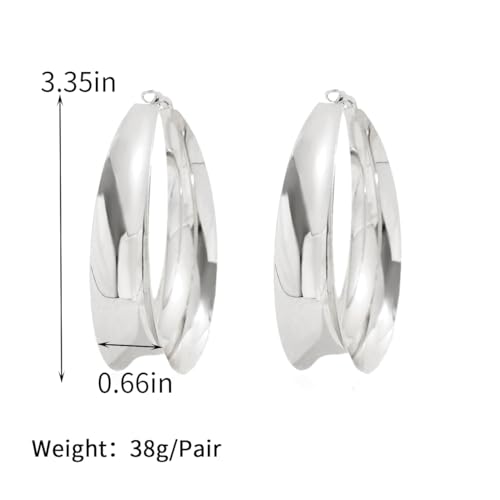 Big Gold Chunky Hoops Earrings for Women Trendy Large Wide Post Thick Drop Dangle Earrings Minimalist Statement Earrings Party Jewelry Gift - color: Big-Silver