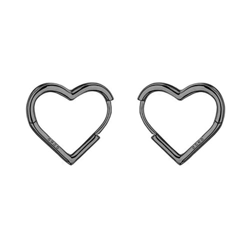 Reffeer Solid 925 Sterling Silver Heart Earrings Hoop Minimalist Sleeper Huggie Earrings For Women - color: D-VBlack