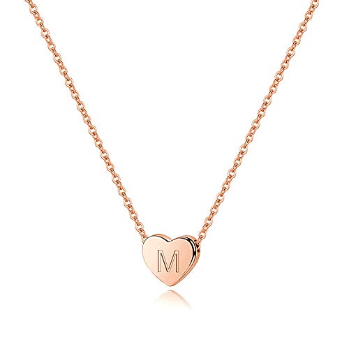 M MOOHAM Sterling Silver Heart Initial Necklace for Girls Women, 925 Sterling Silver Tiny Letter Necklace Birthday Gift for Kids Teen Girl Jewelry - color: Rose Gold, style: M