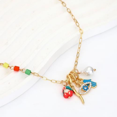 Charm Necklace for Women Gold Evil Eye Sun Moon Flower Coin Pendant Necklace Dainty Paperclip Chain Vintage Luck Amulet Choker Necklaces Celestial Jewelry Gift - style: 5 Charms-Tiny Eye