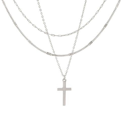 Cross Necklace for Women Dainty Layered Stainless Steel Silver Chain Necklace Stack Trendy Charm Pendant Necklaces Jewelry Set - color: Silver