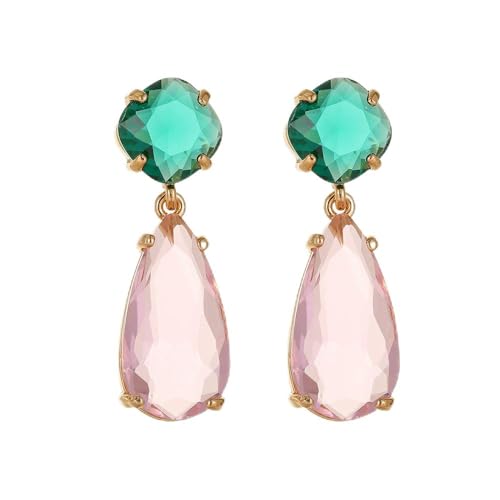 Crystal Drop Earrings, Faceted Gemstone Studs, Elegant Jewelry for Women, Multiple Color Styles,Teardrop Earrings Blue and Green Dangle Earrings Elegant Earrings for Prom - color: green+pink