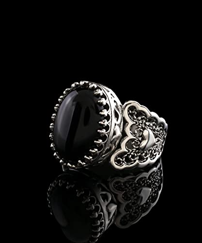 Filigranist 925 Sterling Silver Handcrafted Filigre Art Double Heart Detailed Women Cocktail Ring with Gemstones - color: Black Onyx