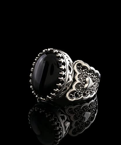 Filigranist 925 Sterling Silver Handcrafted Filigre Art Double Heart Detailed Women Cocktail Ring with Gemstones - color: Black Onyx