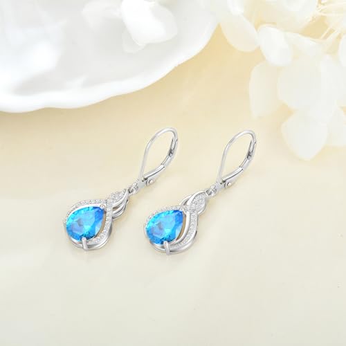 925 Sterling Silver Infinity Teardrop Earrings for Women | Lwsary Dangle Drop Leverback Earrings, Pear Shaped Birthstone Jewelry for Her - color: Blue
