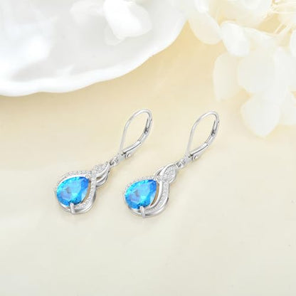 925 Sterling Silver Infinity Teardrop Earrings for Women | Lwsary Dangle Drop Leverback Earrings, Pear Shaped Birthstone Jewelry for Her - color: Blue