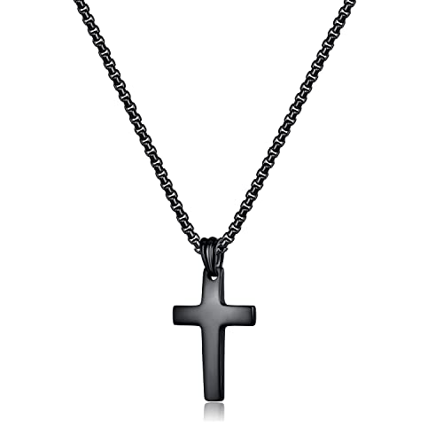 REVEMCN Black Gold Silver Cross Necklace for Boys Stainless Steel Mens Cross Pendant Chain Necklace for Men Women Religious Jewelry Gifts for Boys Girls Chain 16-24 Inches - color: Black - cambered cross pendant, size: 20 inches