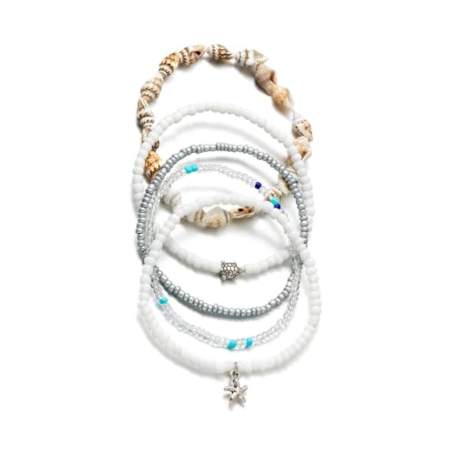DATOA Boho Ankle Bracelets Set for Women Layered Beaded Seashell Turtle Conch Foot Chain Hawaiian Summer Beach Anklet Vacation Jewelry - color: 5Pcs White