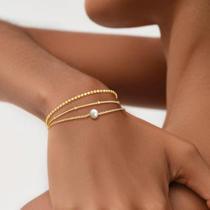 MEVECCO Dainty Chain Bracelets for Women, Layered and Charm Styles | 14K Gold Plated Brass, Select Cubic Zirconia Accents, Single and Multi-Row Structures for Refined Everyday Wristwear - style: 2 Layer 1 Pearl Satellite Chain