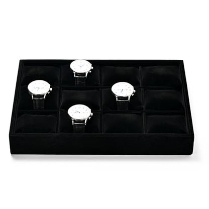 Black Velvet 12-Slot Watch Pillow Storage Tray | Soft black velvet 12-slot organizer tray with removable pillows, stackable, for drawer storage & retail jewelry display - size: 12 Grid with Pillow