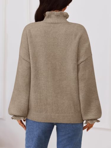 MEROKEETY Women's Fall Trendy Chunky Knit Cardigan Casual Ruffle Sweaters | Button Down, Long Sleeve, Cute Ruffle Collar, Mock Neck, Fashion Cozy Knit Sweater, Dressy Casual Winter Outerwear Clothes - color: Camel, size: X-Large