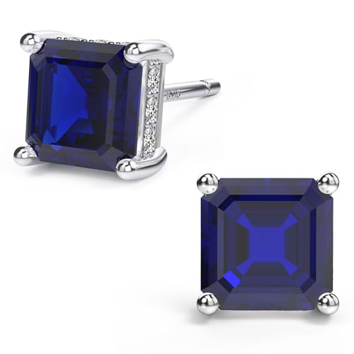 Asscher Cut Cubic Zirconia Stud Earrings for Men Women | Square CZ Simulated Diamond Studs, 18K White Gold Plated Sterling Silver - color: Blue, size: 6MM