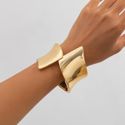 14K Gold Plated Open Cuff Bracelet for Women - Chunky Minimalist Geometric Arm Cuff, Adjustable Spring-Loaded Gold Bangle, Trendy Tarnish Resistant Statement Jewelry