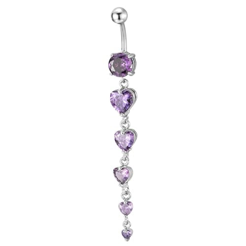 COOLSTEELANDBEYOND Steel Belly Chain Belly Button Ring Body Jewelry Piercing Navel Ring with Long Dangle Cubic Zirconia - color: D-Metal Color: Silver